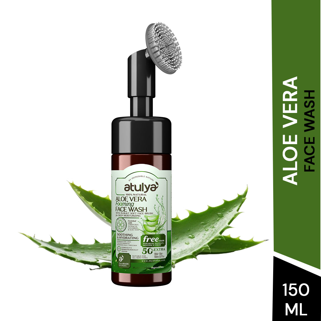 Atulya Aloe Vera Foaming Face Wash with Built-In Silicone Brush | Hydrates Skin - 150ml