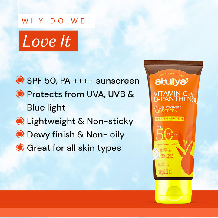 Atulya Vitamin C & D-Panthenol Sunscreen | SPF 50 PA++++ | Dewy-radiant - 80g