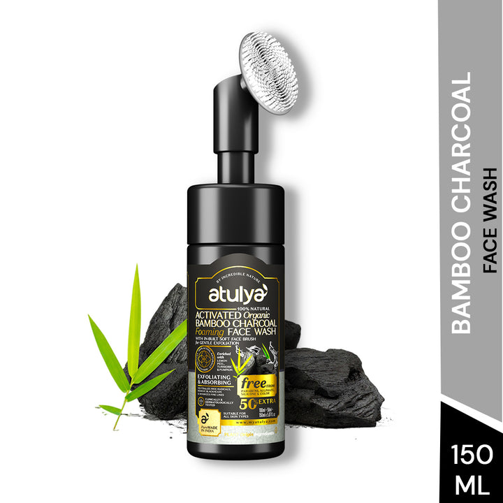 Atulya Activated Organic Bamboo Charcoal Foaming Face Wash With Silicone Brush - 150gm