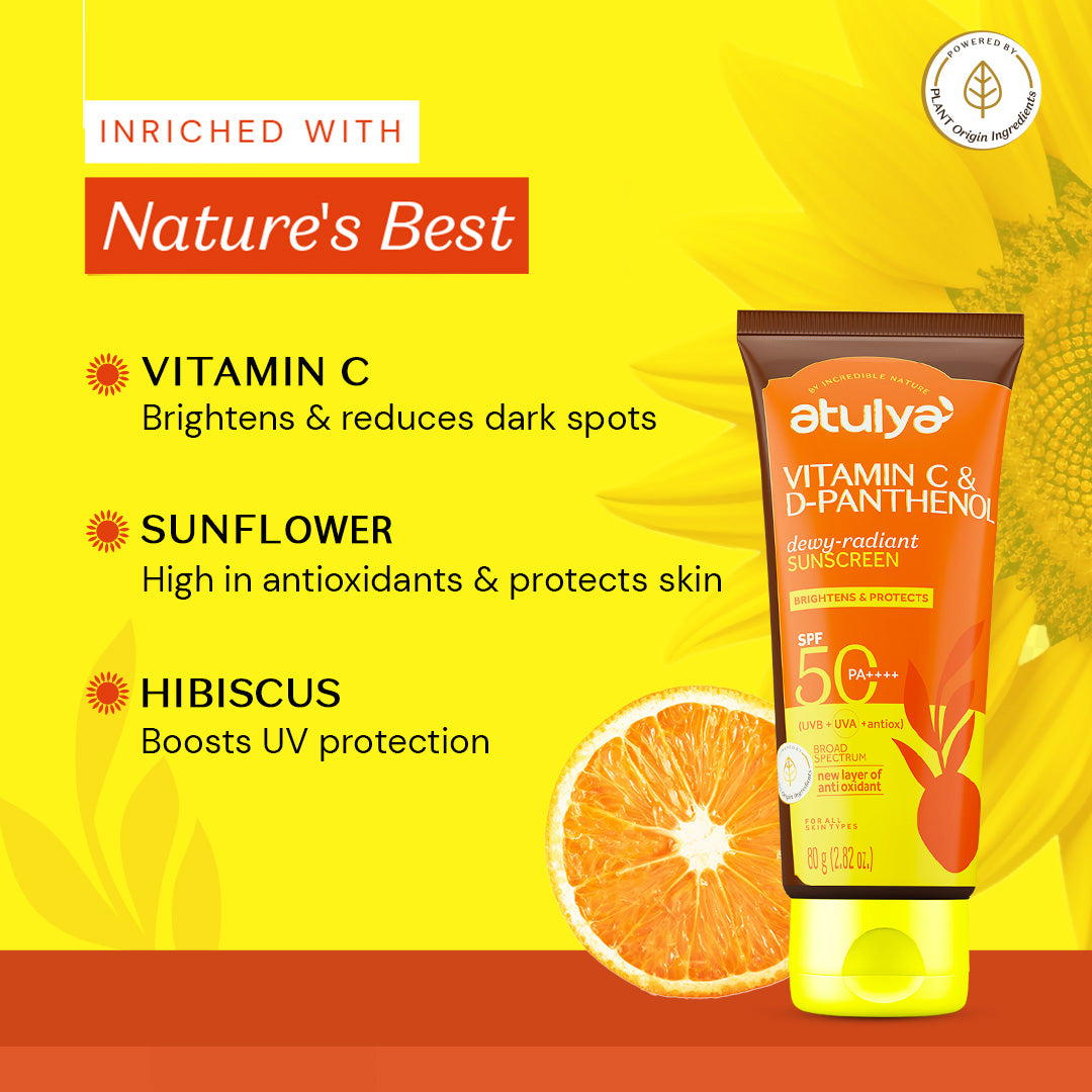 Atulya Vitamin C & D-Panthenol Sunscreen | SPF 50 PA++++ | Dewy-radiant - 80g