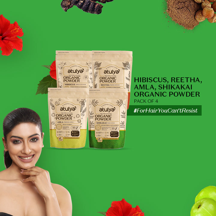 Atulya 100% Pure & Natural Organic Powder Hibiscus, Reetha, Amla, Shikakai Powder (Pack of 4)