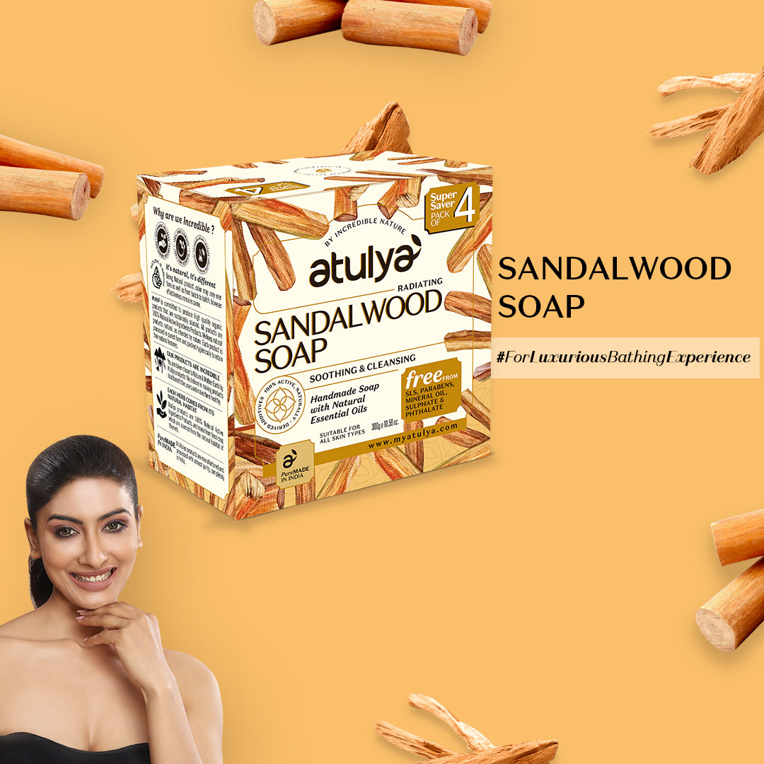 Atulya Sandalwood Soap | For Soothing and Cleansing Skin - 300gm (Pack of 4)