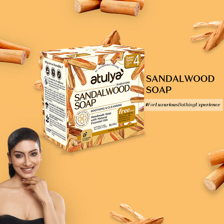 Atulya Sandalwood Soap | For Soothing and Cleansing Skin - 300gm (Pack of 4)