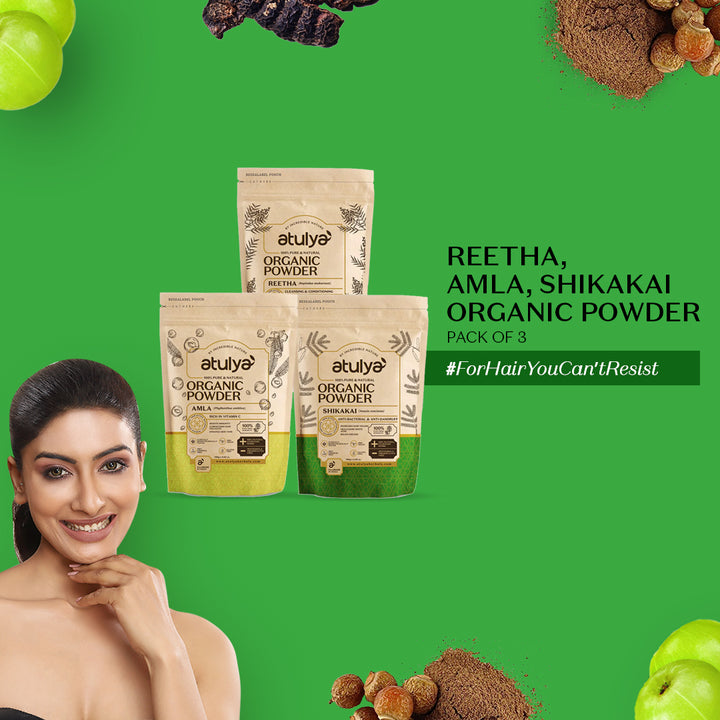 Atulya 100% Pure & Natural Organic Powder Amla, Reetha, Shikakai Powder (Pack of 3)