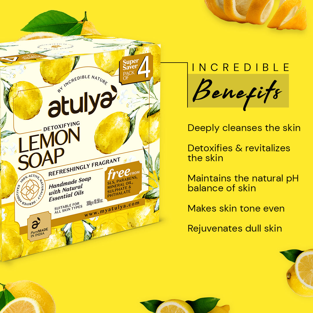 Atulya Lemon Soap | Detoxifies and Revitalizes Skin | Pack of 4 - 300gm