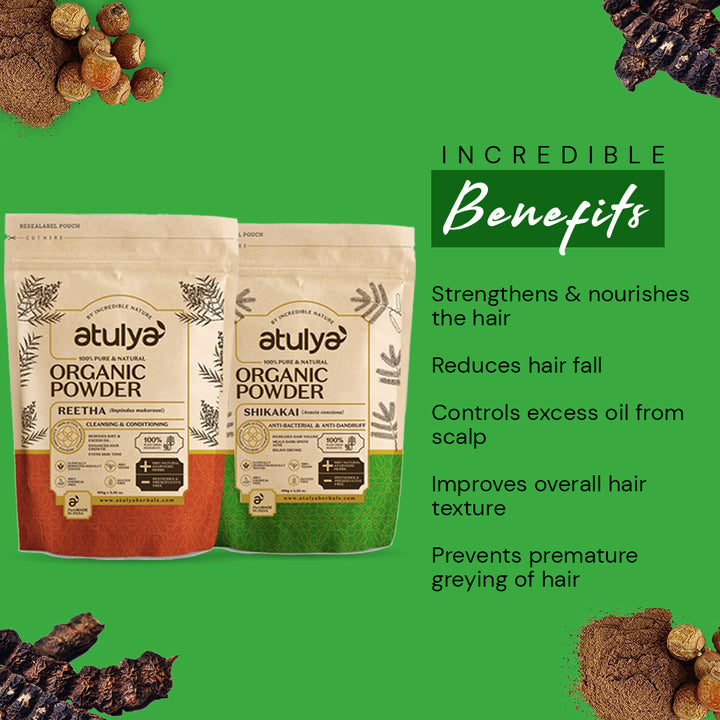 Atulya 100% Pure & Natural Organic Powder Reetha, Shikakai Powder (Pack of 2) - 100gm Each