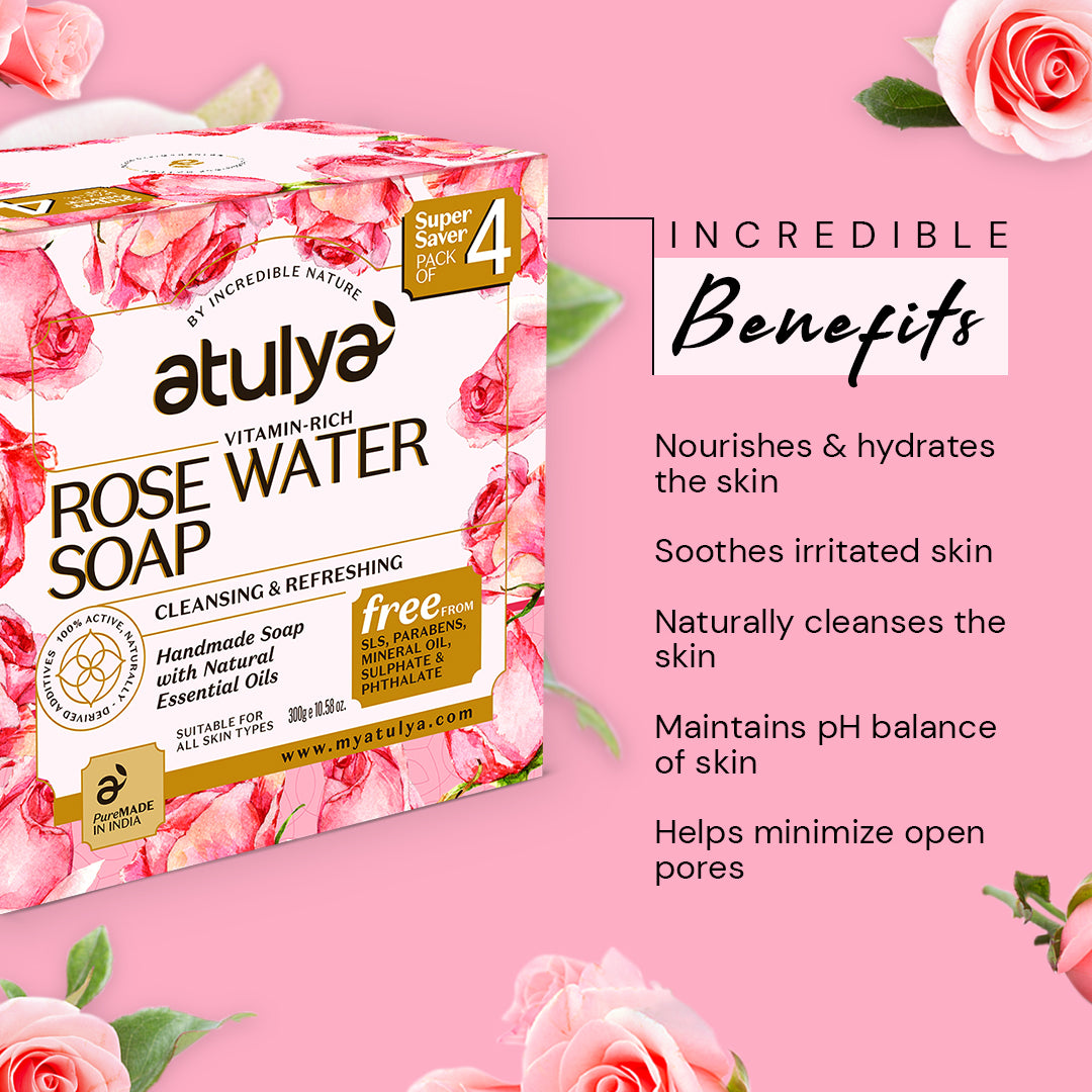 Atulya Rose Water Soap | Cleansing and Refreshing (Pack of 4)