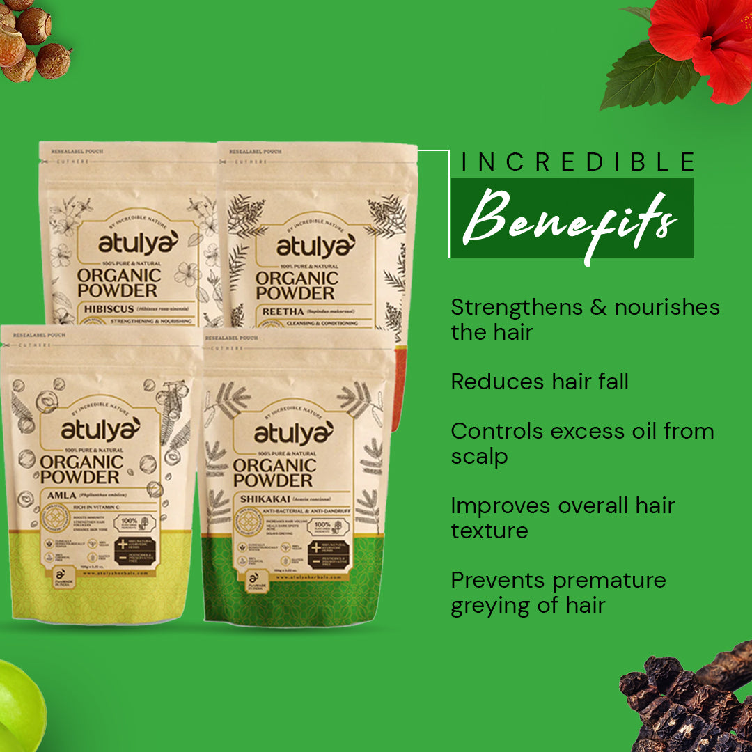 Atulya 100% Pure & Natural Organic Powder Hibiscus, Reetha, Amla, Shikakai Powder (Pack of 4)