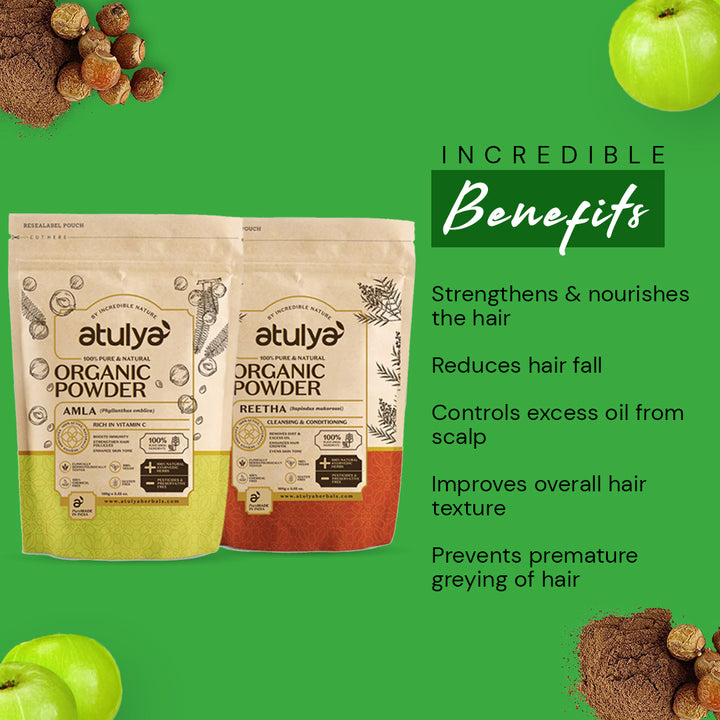 Atulya 100% Pure & Natural Organic Powder Amla, Reetha Powder (Pack of 2) - 100gm Each