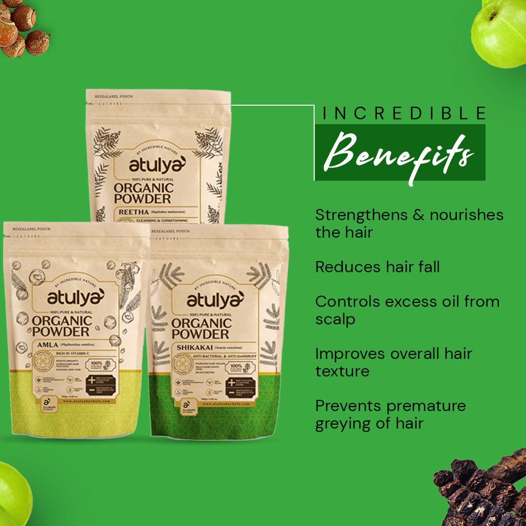 Atulya 100% Pure & Natural Organic Powder Amla, Reetha, Shikakai Powder (Pack of 3)