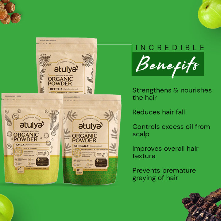 Atulya 100% Pure & Natural Organic Powder Amla, Reetha, Shikakai Powder (Pack of 3)