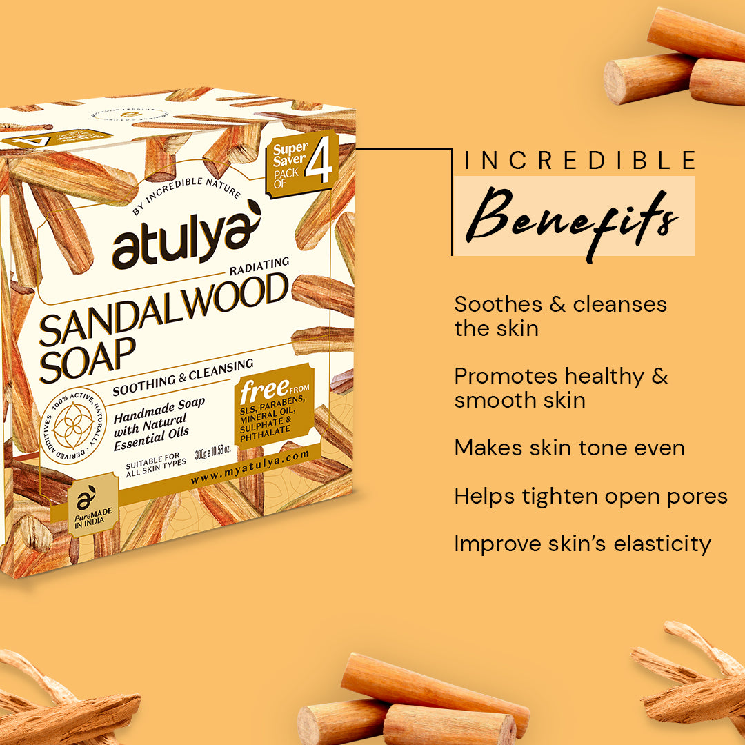 Atulya Sandalwood Soap | For Soothing and Cleansing Skin - 300gm (Pack of 4)