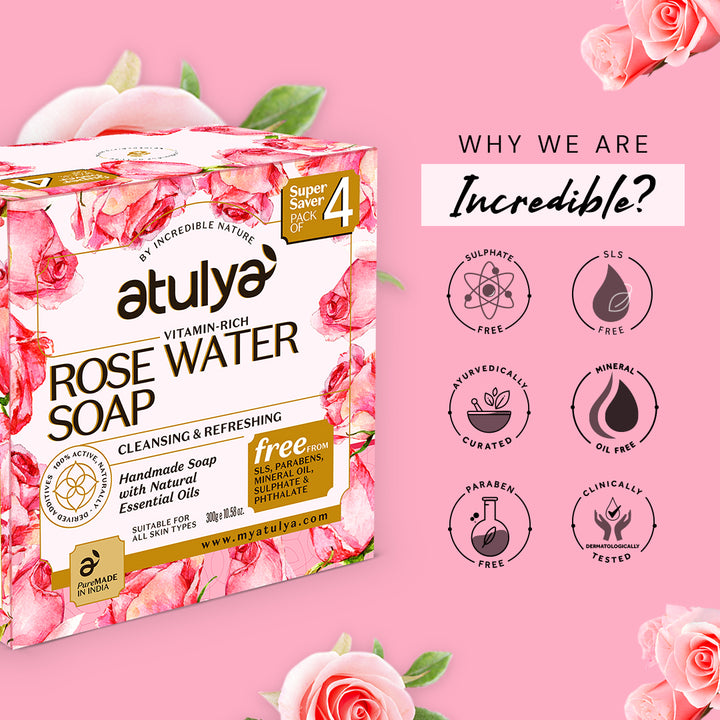 Atulya Rose Water Soap | Cleansing and Refreshing (Pack of 4)