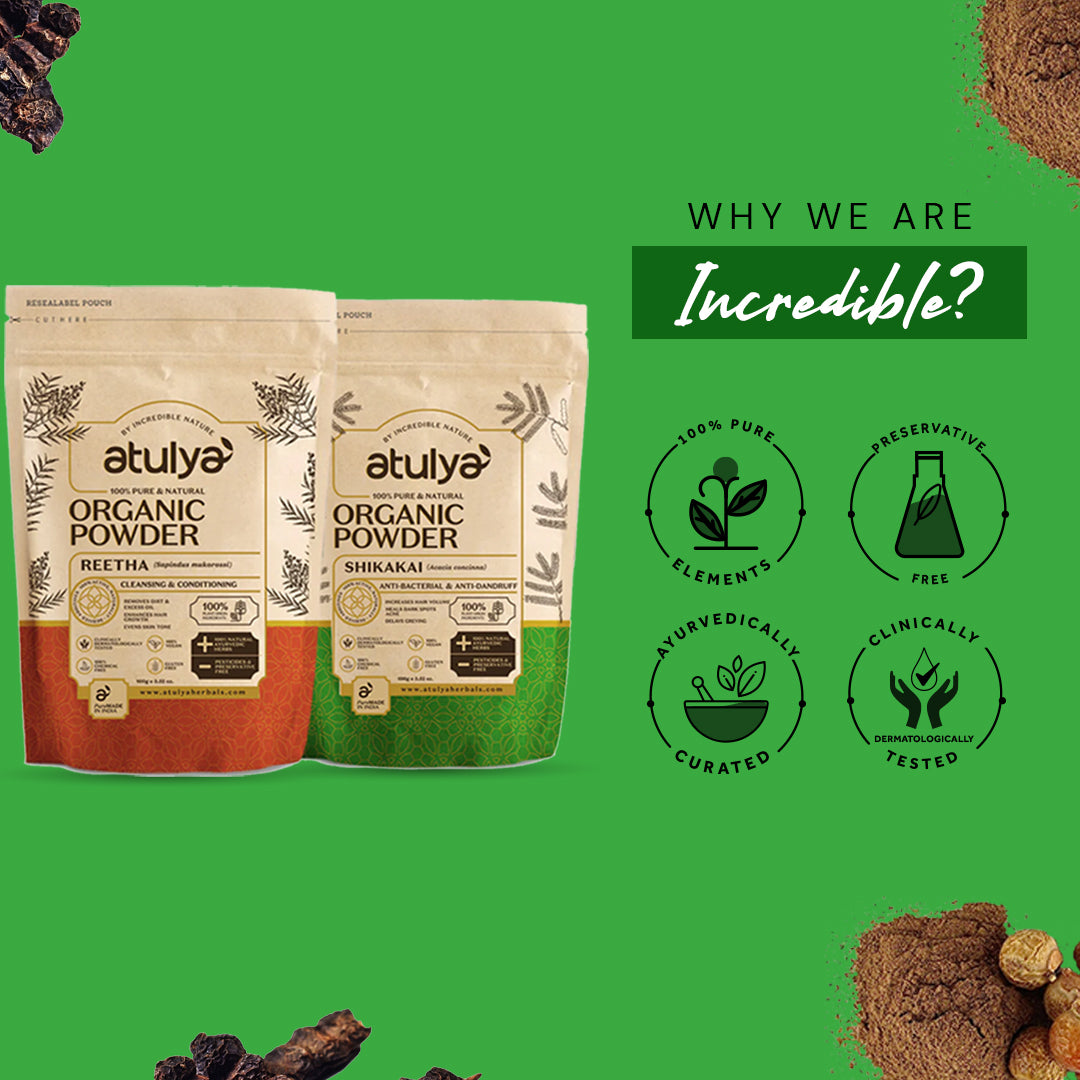 Atulya 100% Pure & Natural Organic Powder Reetha, Shikakai Powder (Pack of 2) - 100gm Each