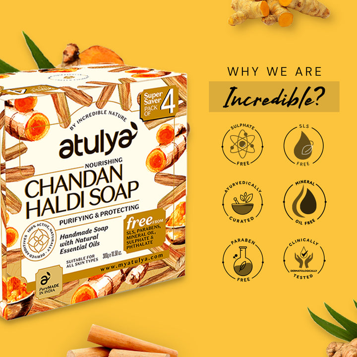 Atulya Chandan Haldi Soap | Brightes and Purifies Skin (Pack of 4)