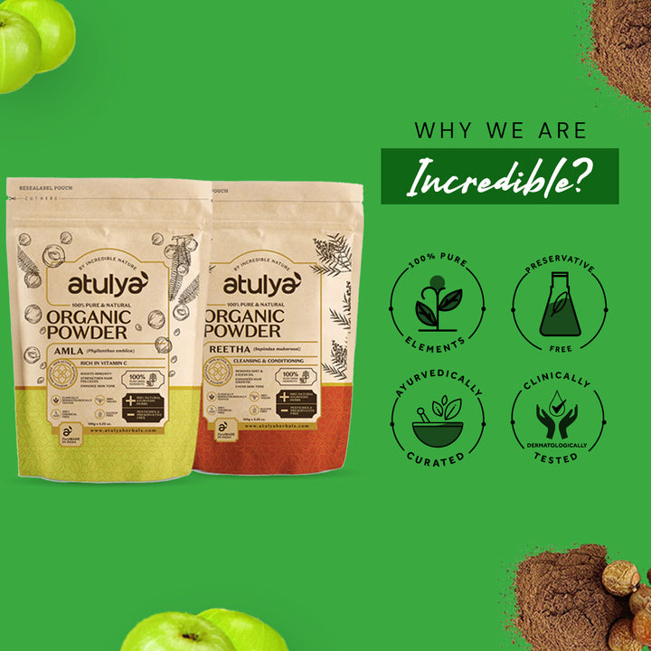 Atulya 100% Pure & Natural Organic Powder Amla, Reetha Powder (Pack of 2) - 100gm Each