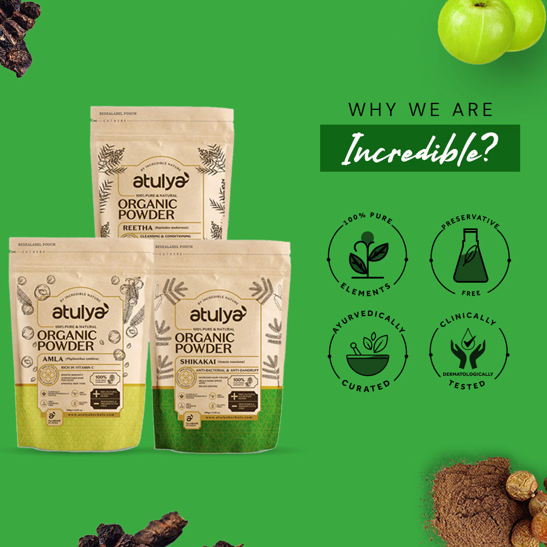 Atulya 100% Pure & Natural Organic Powder Amla, Reetha, Shikakai Powder (Pack of 3)