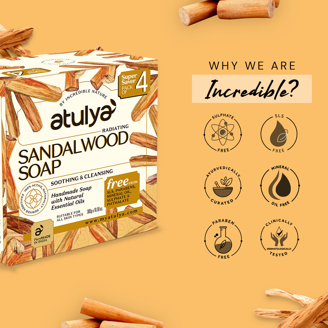 Atulya Sandalwood Soap | For Soothing and Cleansing Skin - 300gm (Pack of 4)
