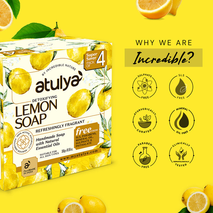 Atulya Lemon Soap | Detoxifies and Revitalizes Skin | Pack of 4 - 300gm