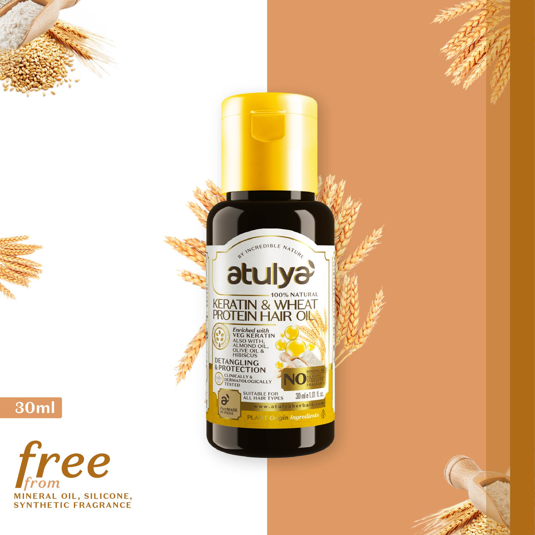 ๐ atulya Keratin & Wheat Protein Hair Oil for Detangling & Protecting Hair | Improves Hair Texture, Nourishes Hair & Controls Breakage | Mineral Oil & Silicone Free | All Hair Types | 30ml