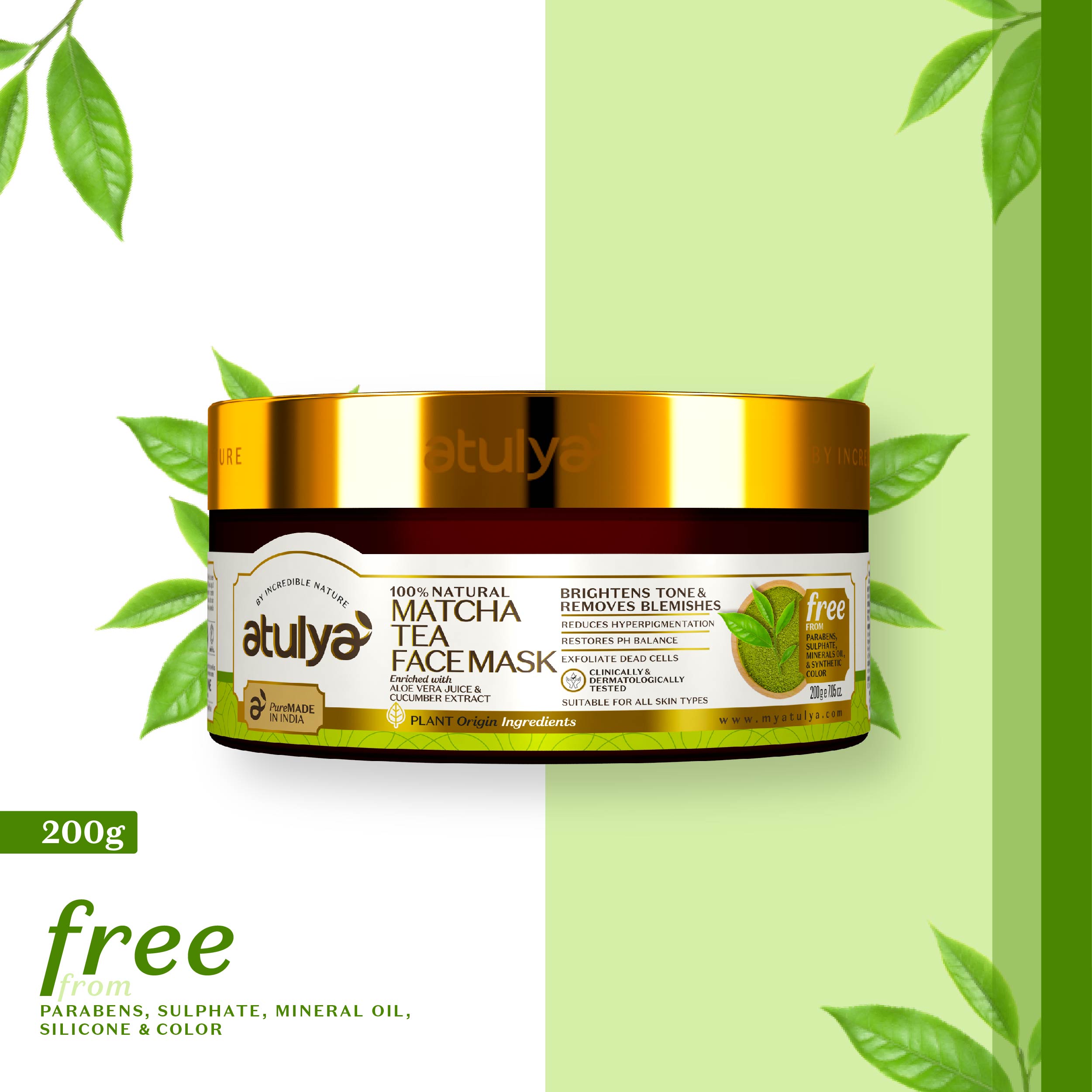 atulya Matcha Tea Face Mask for Reducing Blemishes & Dark Spots