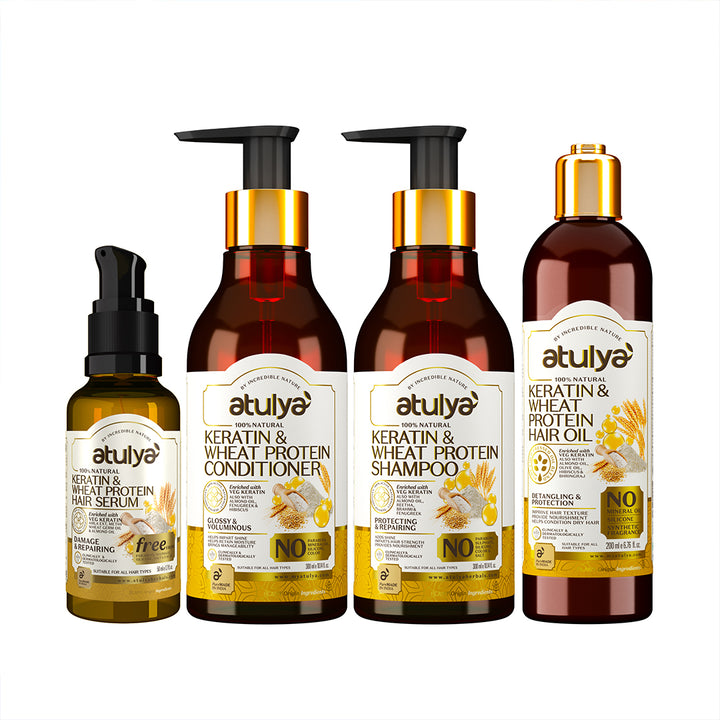 atulya Keratin & Wheat Protein Shampoo, Conditioner, Hair Oil with Hair Serum Combo (Set of 4)