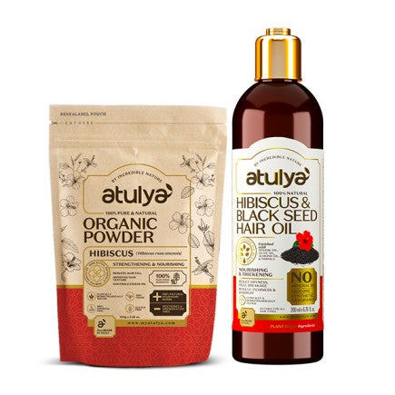 Atulya Hibiscus Organic Powder & Hibiscus Black Seed Hair Oil Combo for Nourished Healthy Hair