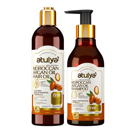Atulya Moroccan Argan Oil Shampoo and Hair Oil Combo for Smooth Nourished Shiny Hair