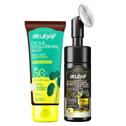 Atulya Bamboo Charcoal Foaming Face Wash with Brush and Cica Hyaluronic Acid Sunscreen SPF 50 PA++++ Combo