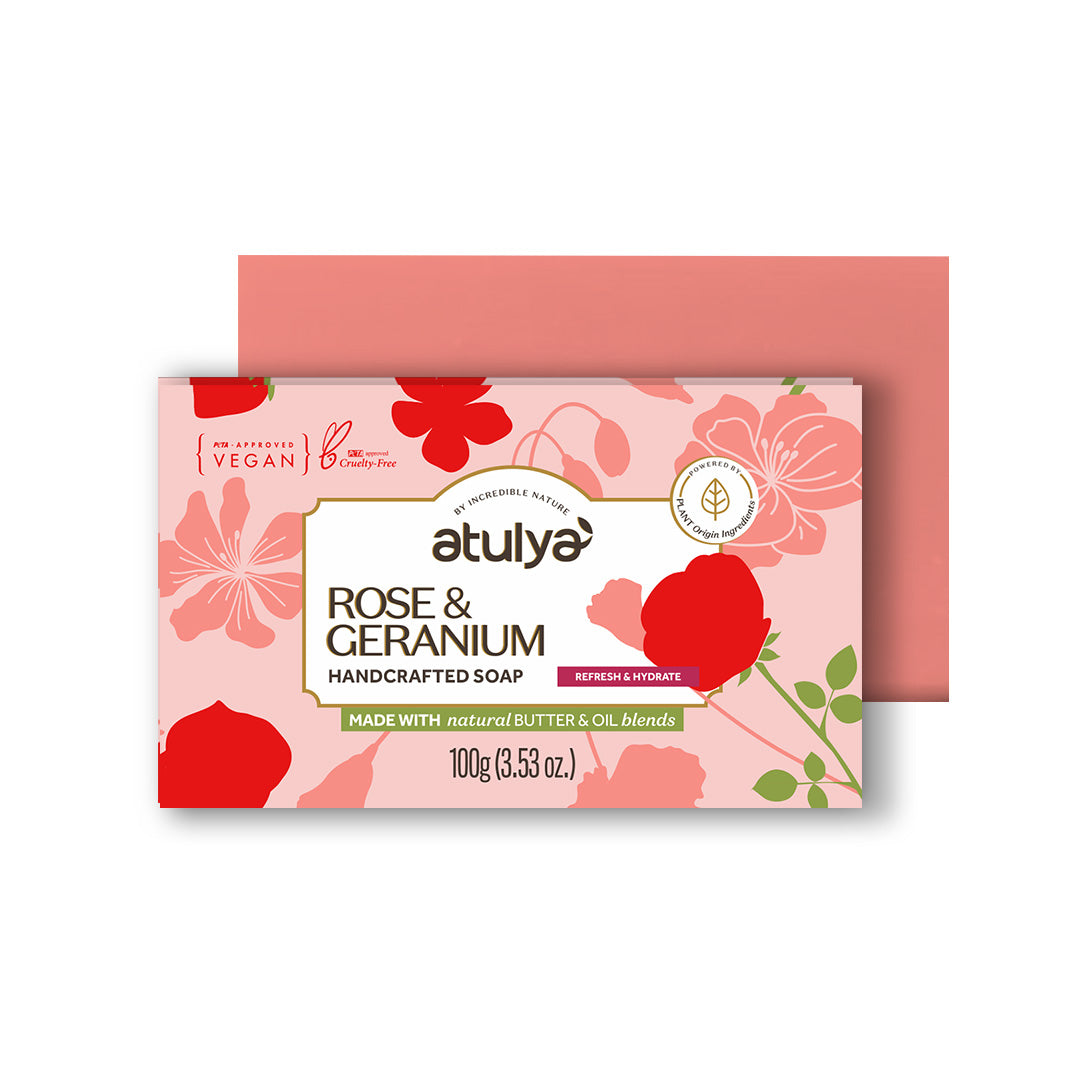 atulya Rose & Geranium Handcrafted Soap | Promotes Skin Nourishment | Anti-Aging Benefits | Refreshes & Rejuvenates | Floral Scent | Promotes Natural Hydration | Natural Butter & Oil Blends (100gm)