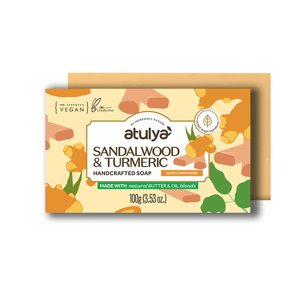 atulya Sandalwood & Turmeric Handcrafted Soap | Nourishes Skin | Promotes Brighter Skin | Aromatic Sandalwood | Natural Antiseptic | Skin-Friendly Formula | Natural Butter & Oil Blends (100gm)