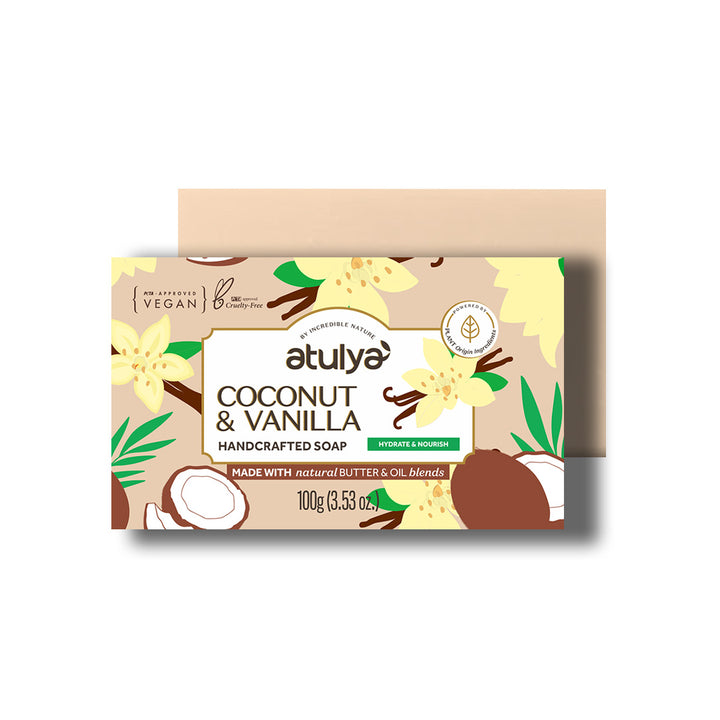 atulya Coconut & Vanilla Handcrafted Soap | Provides Deep Moisturization | Gentle Cleansing Formula | Prevents Dryness | Natural Butter & Oil Blends (100gm)