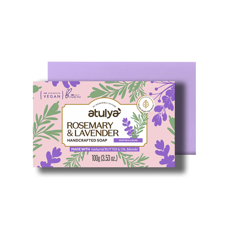 atulya Rosemary & Lavender Handcrafted Soap | Soothing & Calming | Heals Irritated Skin | Relaxing Aroma | Gentle on Sensitive Skin | Natural Butter & Oil Blends (100gm)