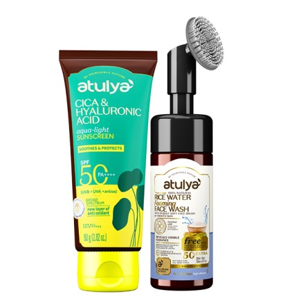 Atulya Cica & Hyaluronic Acid Sunscreen SPF 50 PA++++ and Rice Water Foaming Face Wash Combo