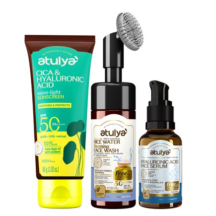 Atulya Cica & Hyaluronic Acid Sunscreen SPF 50 PA++++, Hyaluronic Acid Face Serum and Rice Water Face Wash Combo