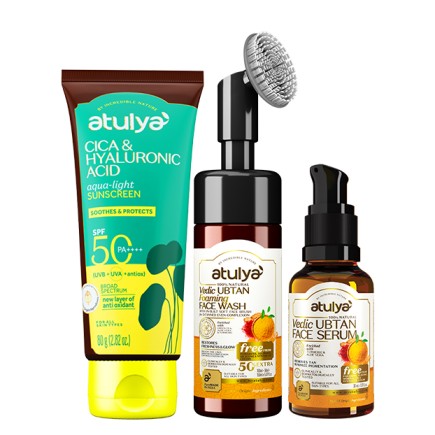 Atulya Vedic Ubtan Face Wash, Vedic Ubtan Face Serum and Cica & Hyaluronic Acid Sunscreen SPF 50 PA++++ Combo