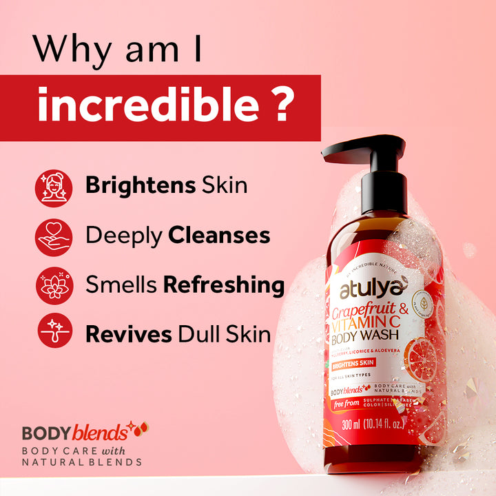 Atulya Complete Glow and Nourish Care Kit – Vitamin C Body Wash, Foaming Face Wash, Body Lotion and Wine Grape Lip Balm