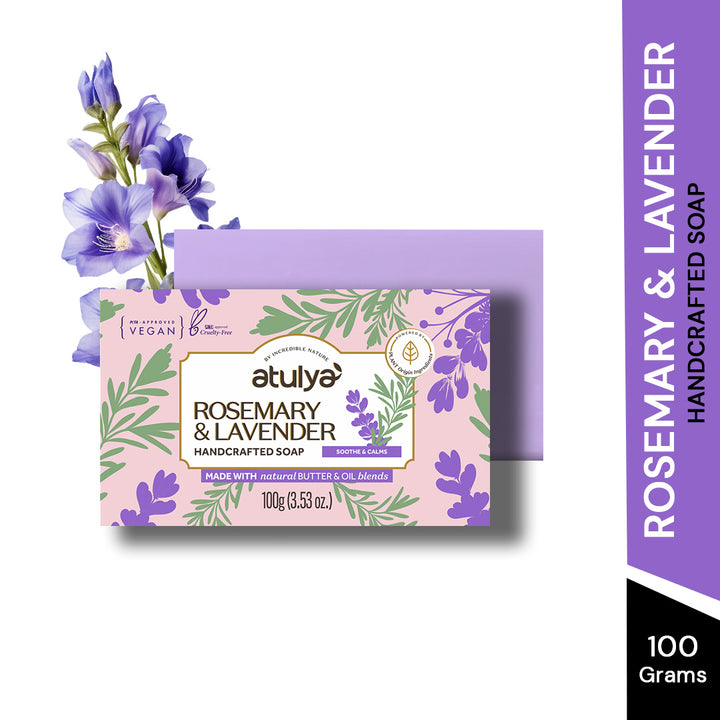 atulya Rosemary & Lavender Handcrafted Soap | Soothing & Calming | Heals Irritated Skin | Relaxing Aroma | Gentle on Sensitive Skin | Natural Butter & Oil Blends (100gm)