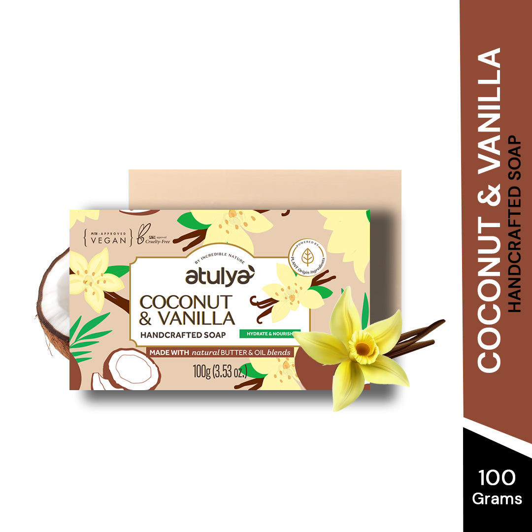 atulya Coconut & Vanilla Handcrafted Soap | Provides Deep Moisturization | Gentle Cleansing Formula | Prevents Dryness | Natural Butter & Oil Blends (100gm)