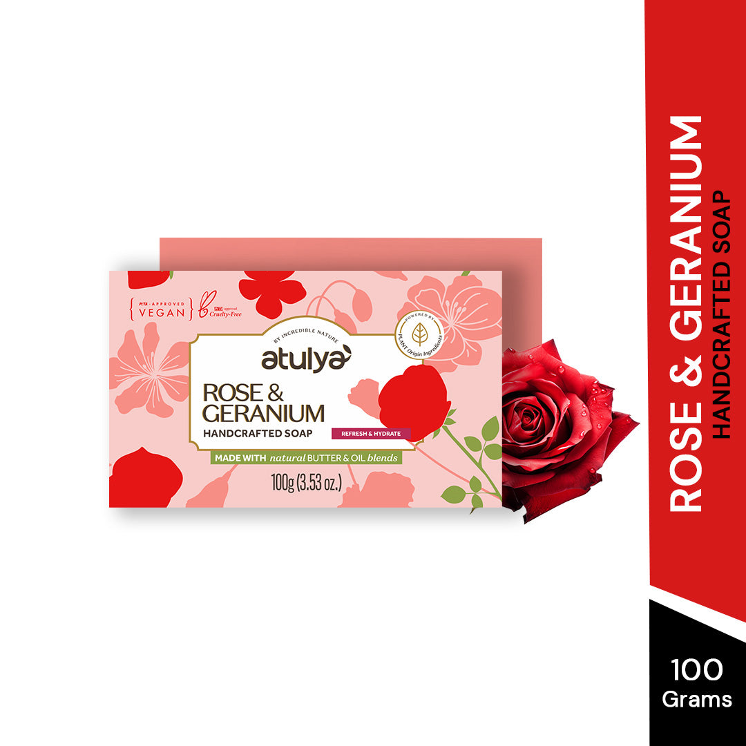 atulya Rose & Geranium Handcrafted Soap | Promotes Skin Nourishment | Anti-Aging Benefits | Refreshes & Rejuvenates | Floral Scent | Promotes Natural Hydration | Natural Butter & Oil Blends (100gm)