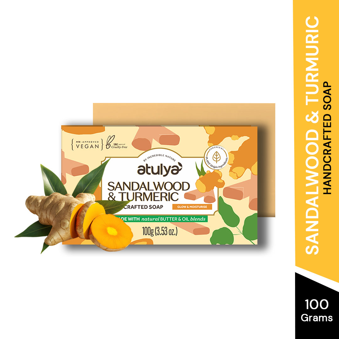 atulya Sandalwood & Turmeric Handcrafted Soap | Nourishes Skin | Promotes Brighter Skin | Aromatic Sandalwood | Natural Antiseptic | Skin-Friendly Formula | Natural Butter & Oil Blends (100gm)