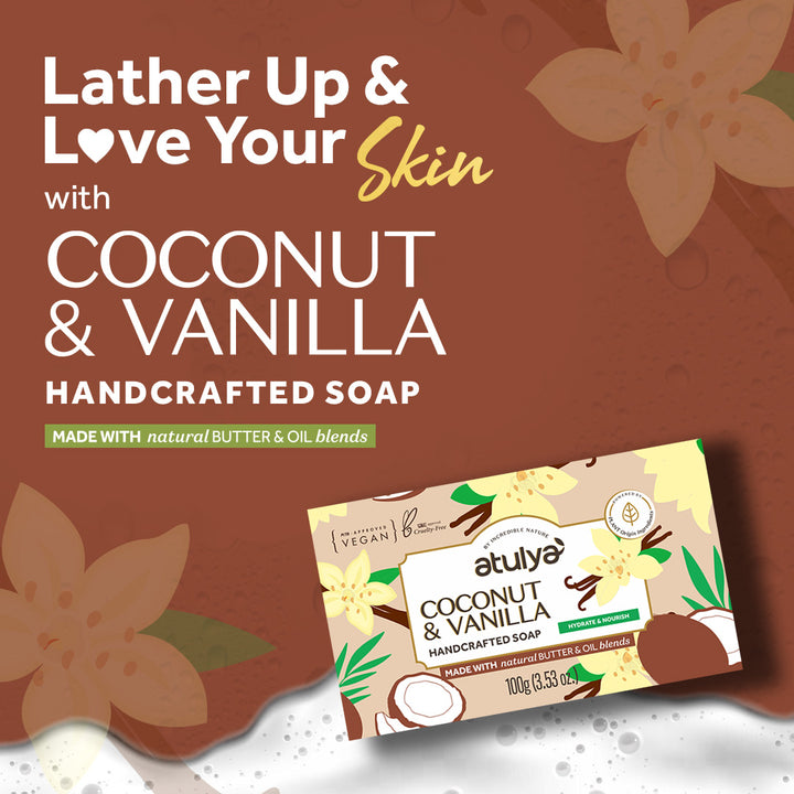 atulya Coconut & Vanilla Handcrafted Soap | Provides Deep Moisturization | Gentle Cleansing Formula | Prevents Dryness | Natural Butter & Oil Blends (100gm)