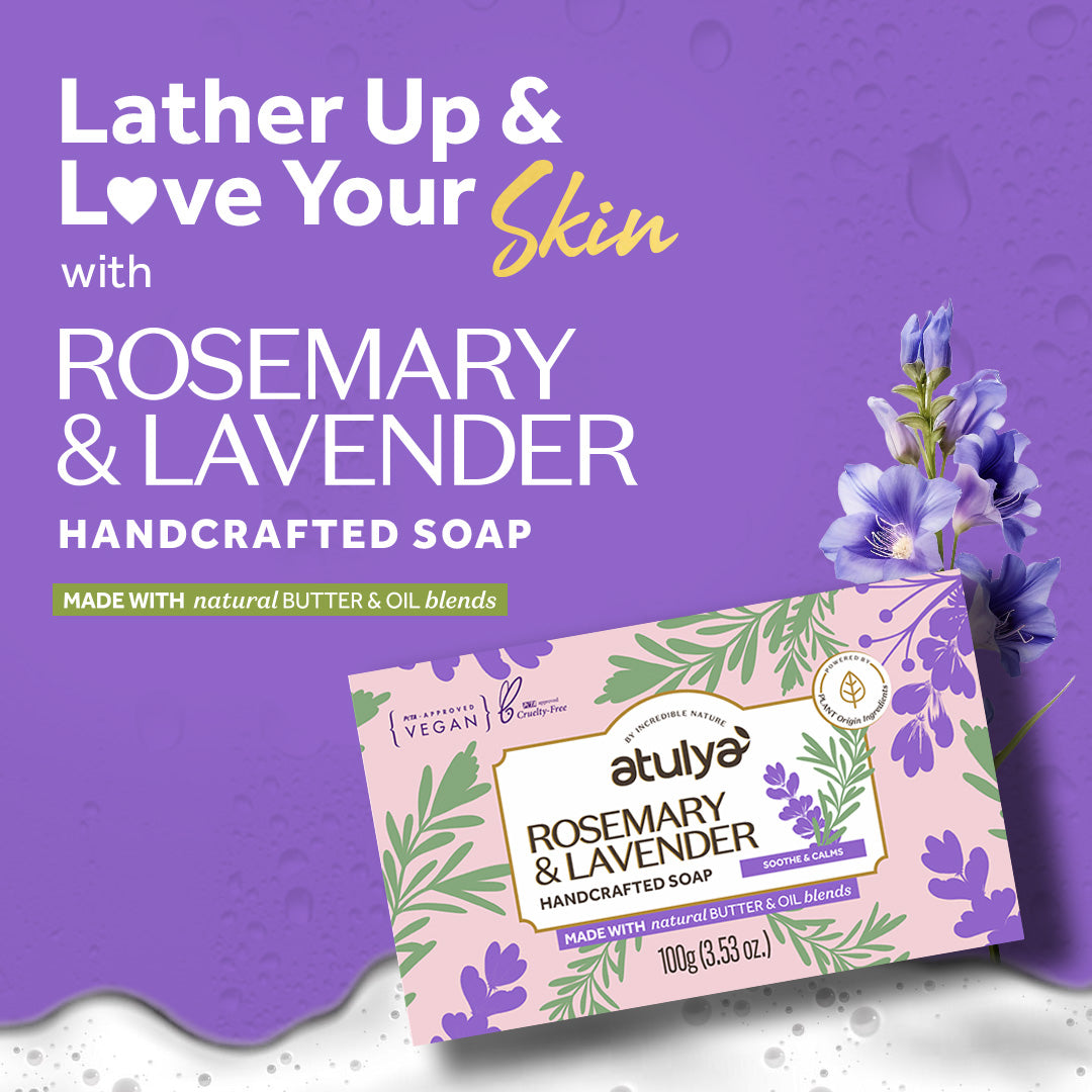 atulya Rosemary & Lavender Handcrafted Soap | Soothing & Calming | Heals Irritated Skin | Relaxing Aroma | Gentle on Sensitive Skin | Natural Butter & Oil Blends (100gm)