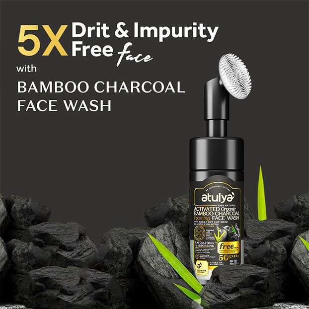 Atulya Bamboo Charcoal Foaming Face Wash with Brush and Cica Hyaluronic Acid Sunscreen SPF 50 PA++++ Combo