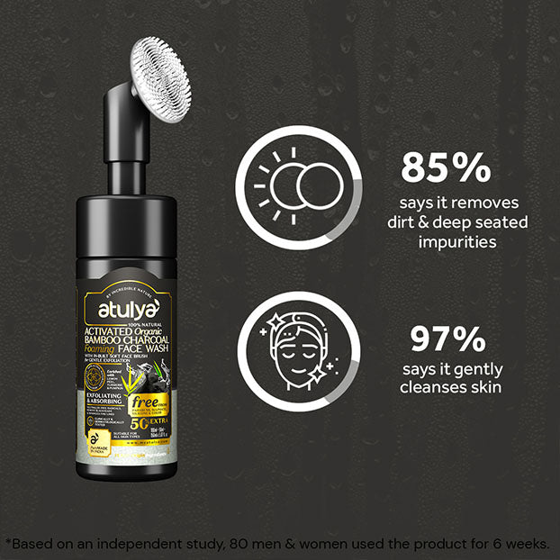 Atulya Bamboo Charcoal Foaming Face Wash with Brush and Cica Hyaluronic Acid Sunscreen SPF 50 PA++++ Combo
