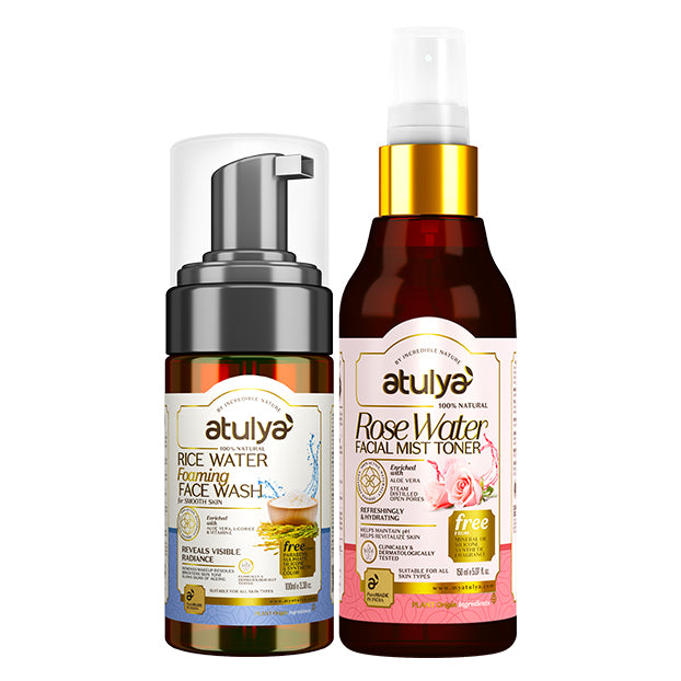 Atulya Rice Water Foaming Face Wash & Rose Water Facial Mist Toner Combo for Fresh Hydrated Skin