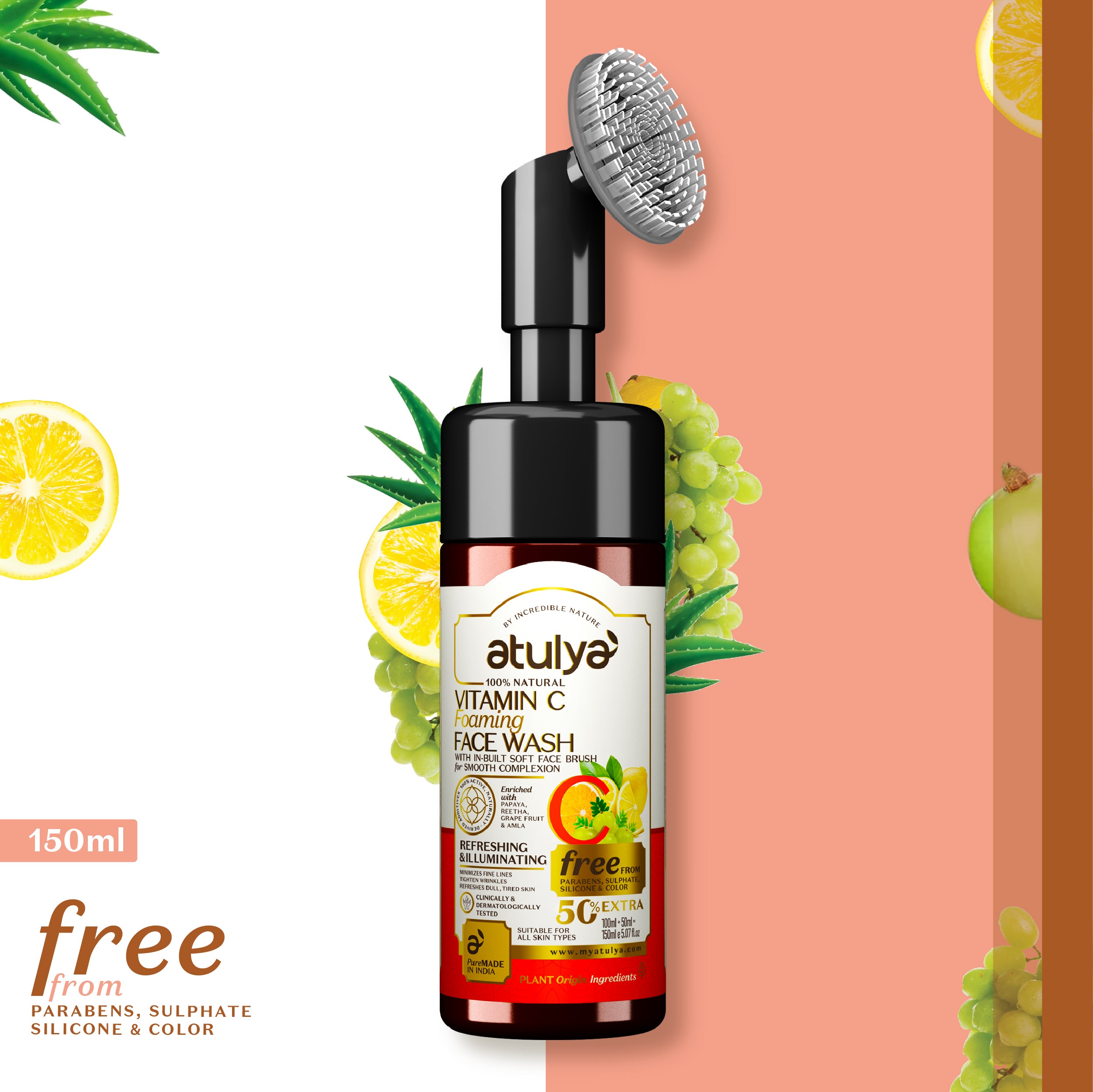 atulya Vitamin C Foaming Face Wash with Silicone Brush for Fresh & Glowing Skin