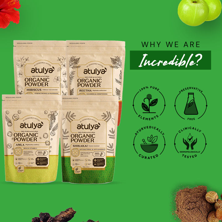atulya 100% Pure & Natural Organic Powder Hibiscus, Reetha, Amla, Shikakai Powder (Pack of 4)
