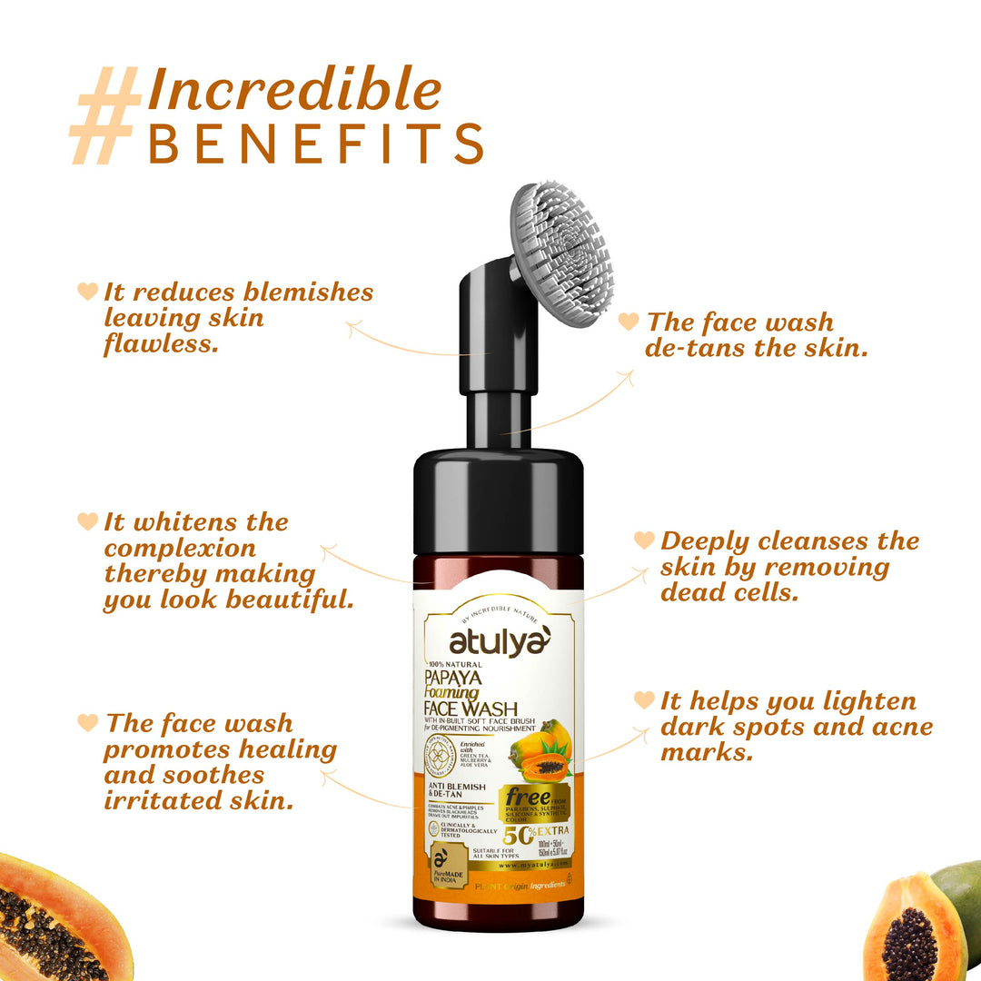 atulya Incredible Benefits of Papaya Foaming Face Wash with Built-In Silicone Brush for Reducing Tanning
