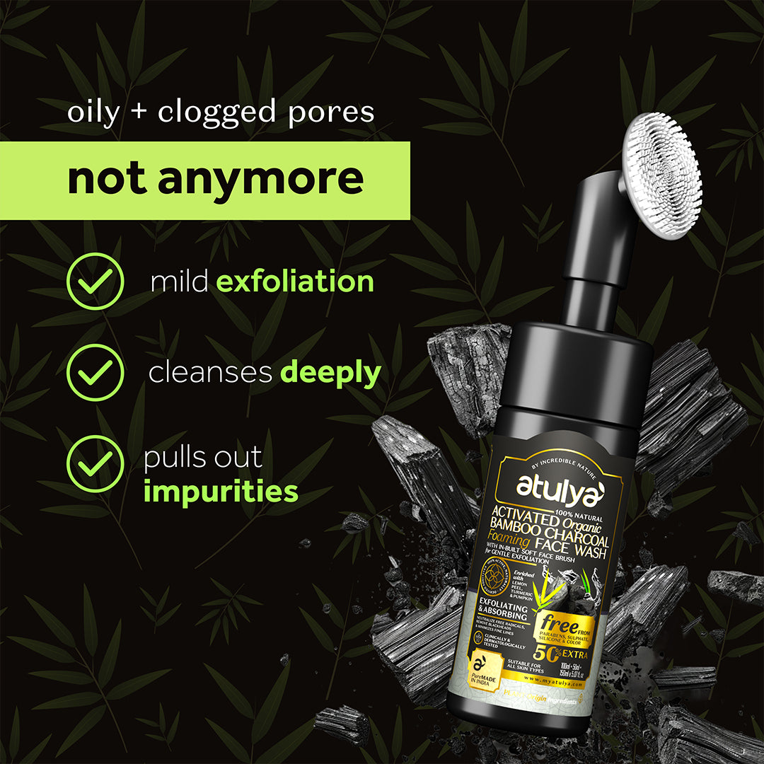 Atulya Activated Organic Bamboo Charcoal Foaming Face Wash With Silicone Brush - 150gm